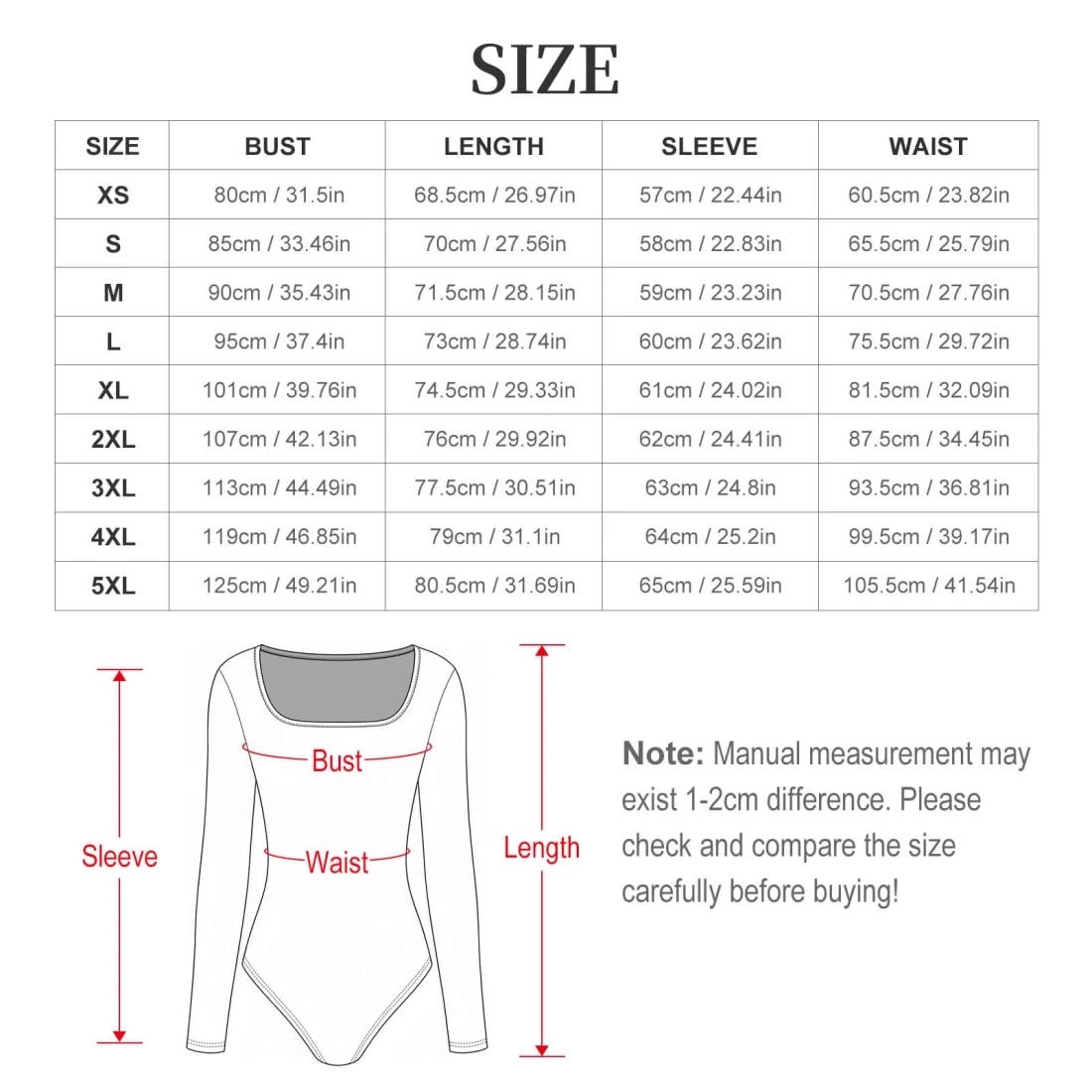 square neck long sleeve bodysuit for women, custom print size chart