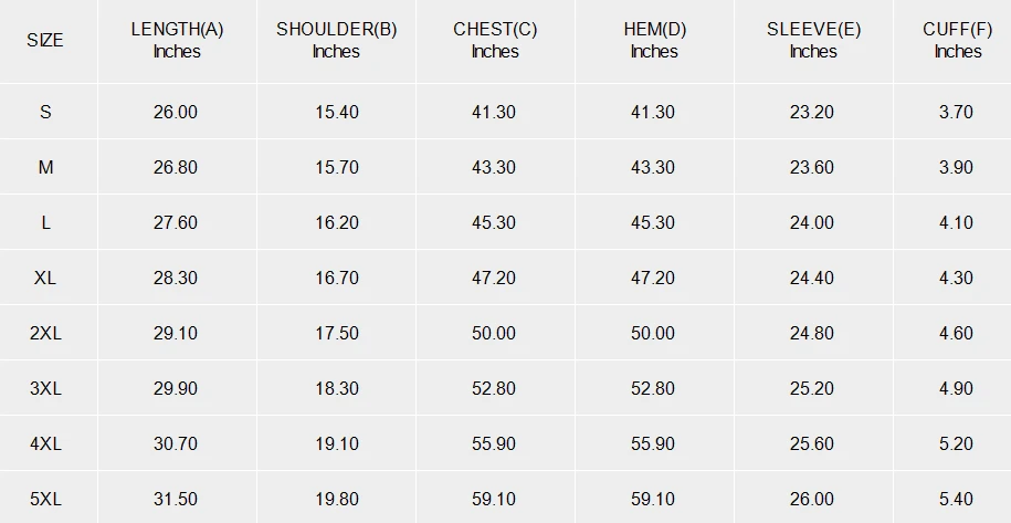 Personalized Long Sleeve Shirts for Women size chart