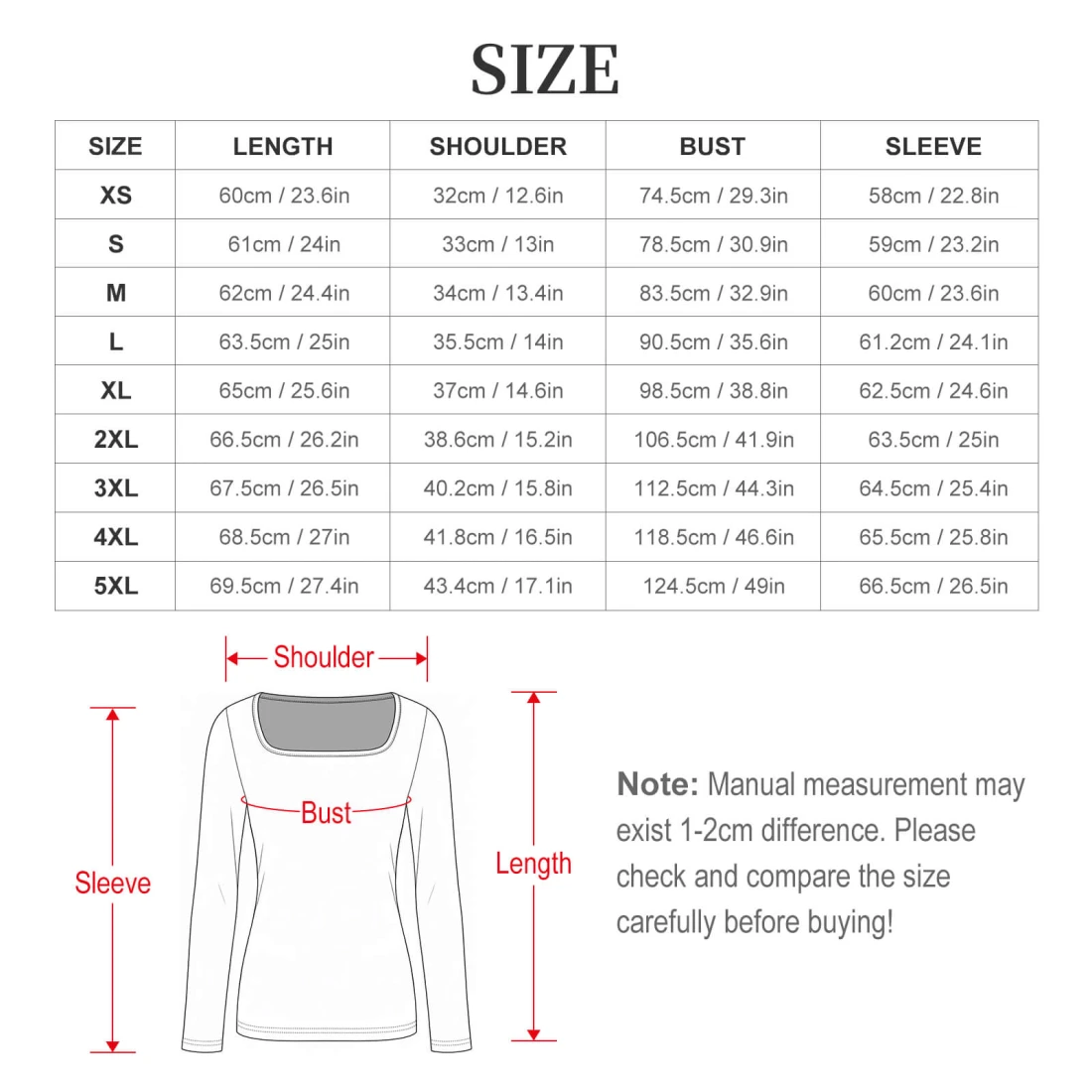 Square Neck Long Sleeve Shirt for Women With Your Custom Design size chart