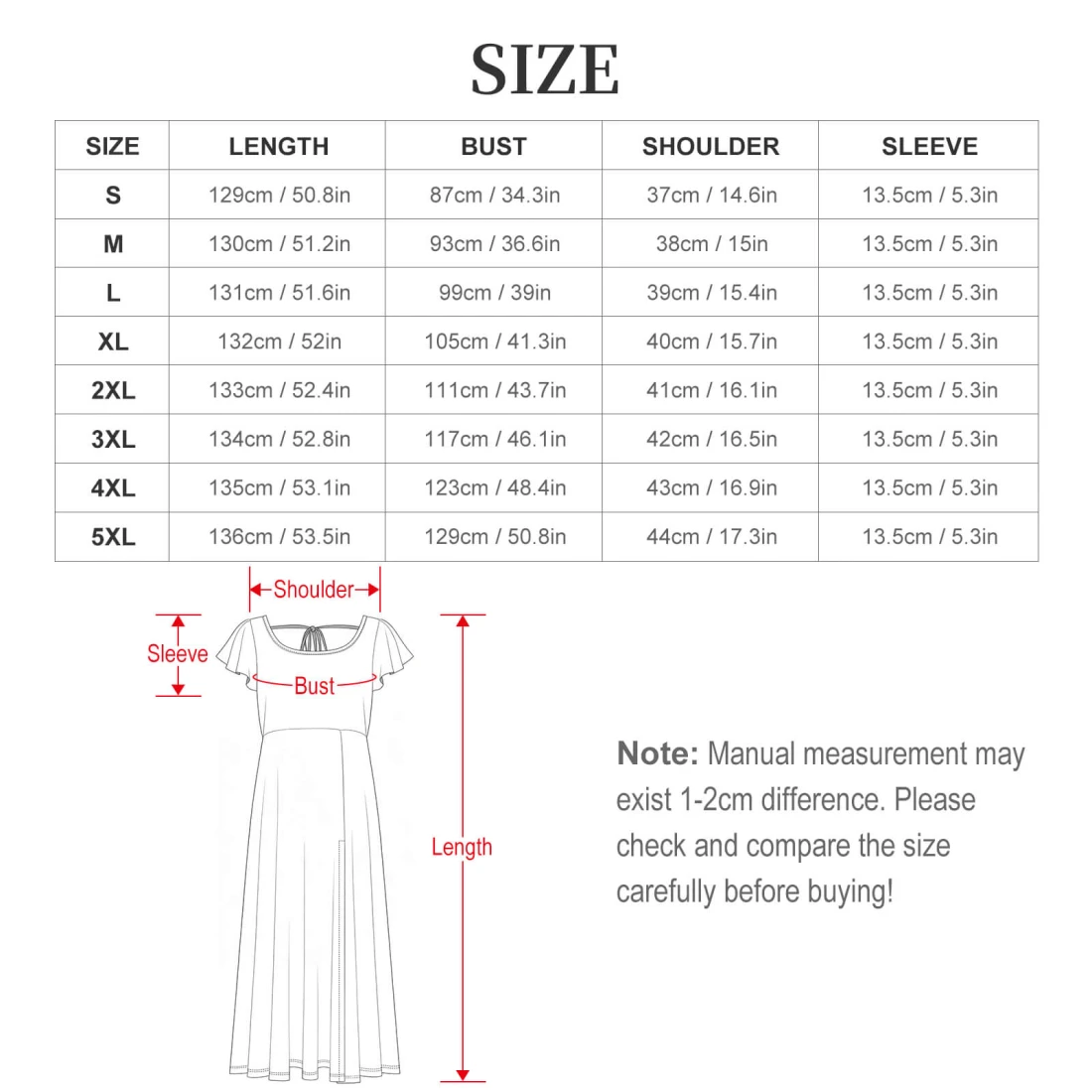 Personalized Ruffle Sleeve Dress for Women with Back Tie Design size chart