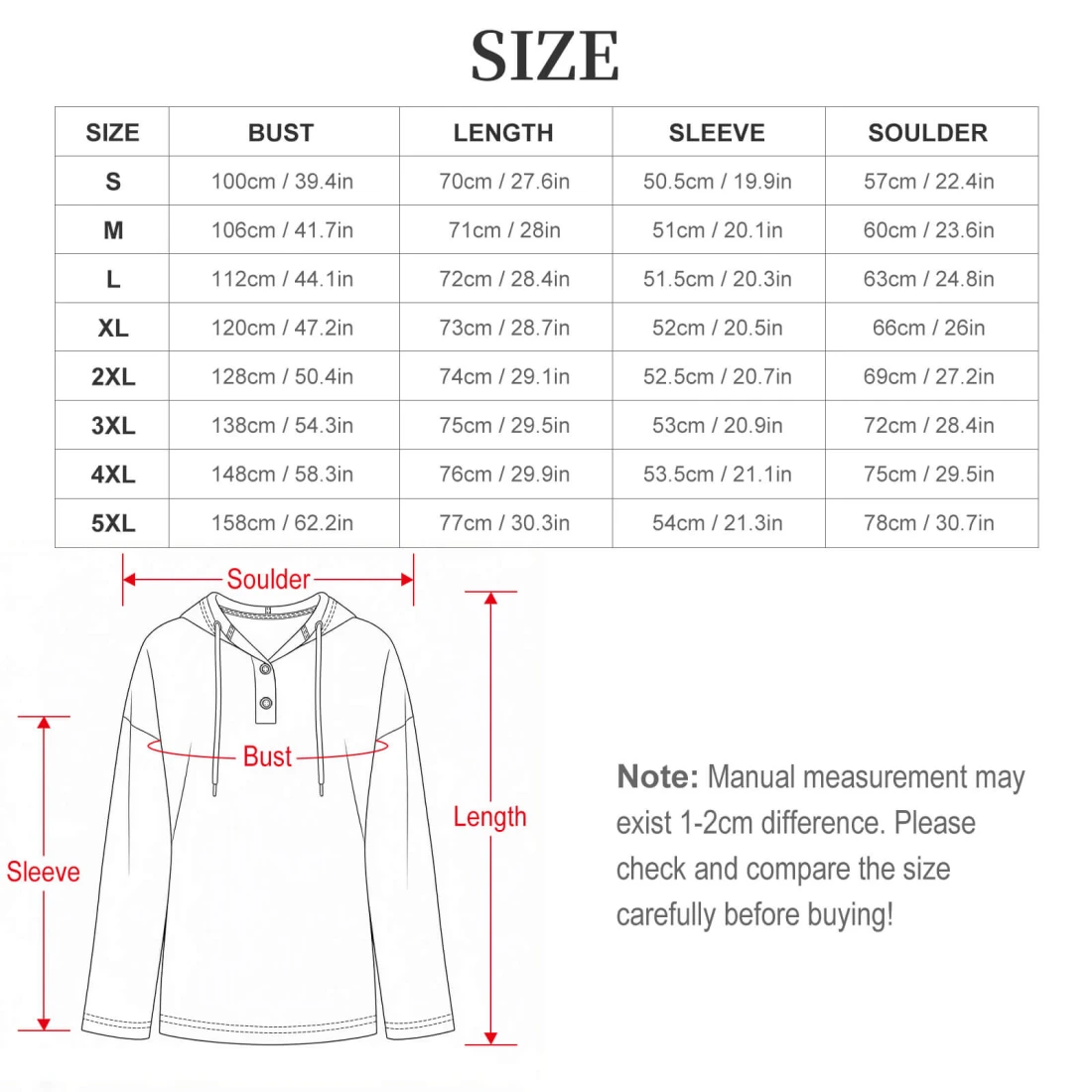Personalized All Over Hoodies for Her, V-Neck Custom Design size chart