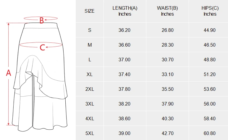 High Waist Slit Maxi Skirt for Women with Ruffle Hem size chart