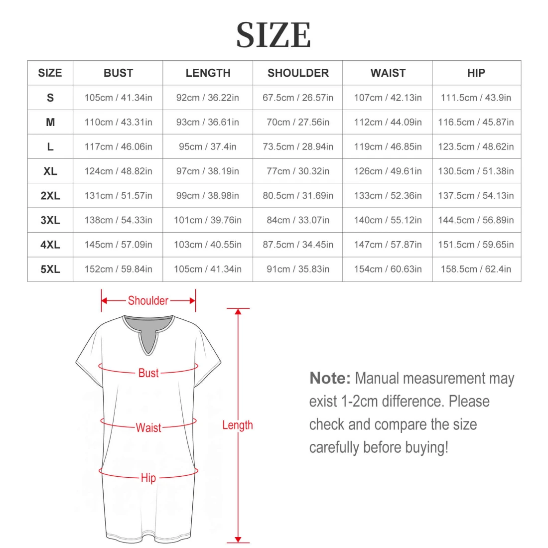 Personalized Dresses: Women's Casual V-Neck Dress with Custom Design size chart