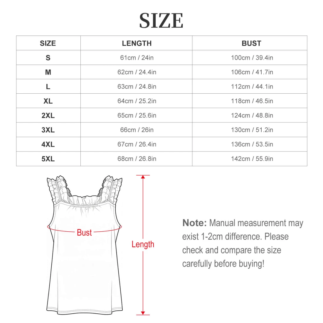Personalized Pajama Sets for Women, Ruffled Cami Top and Shorts size chart