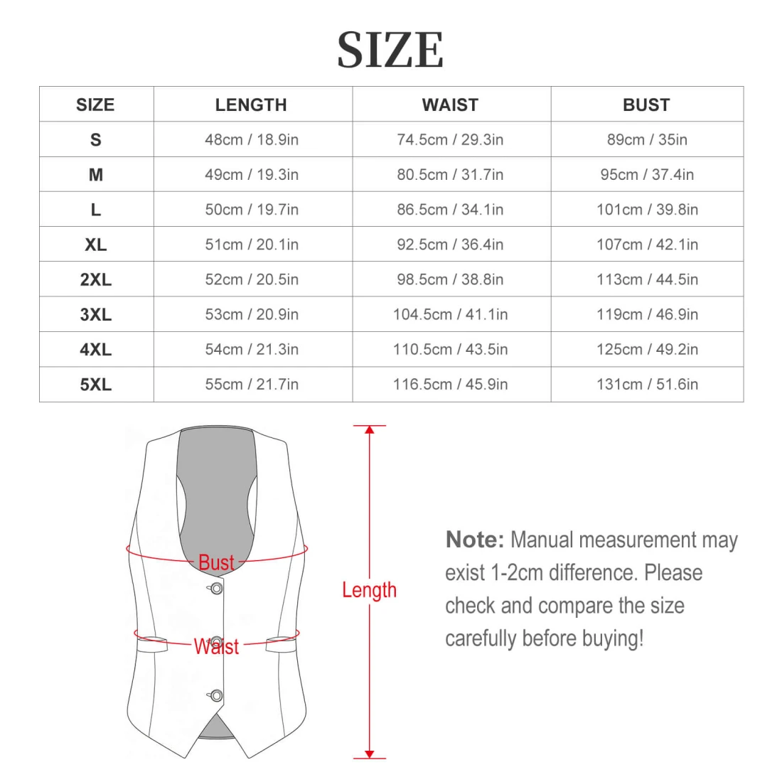 Personalized Suit Vest for Women with Your Custom Design size chart