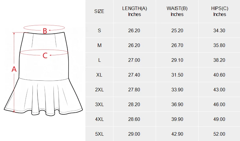 High Waist Mermaid Hem Skirt for Women with Your Custom Design size chart