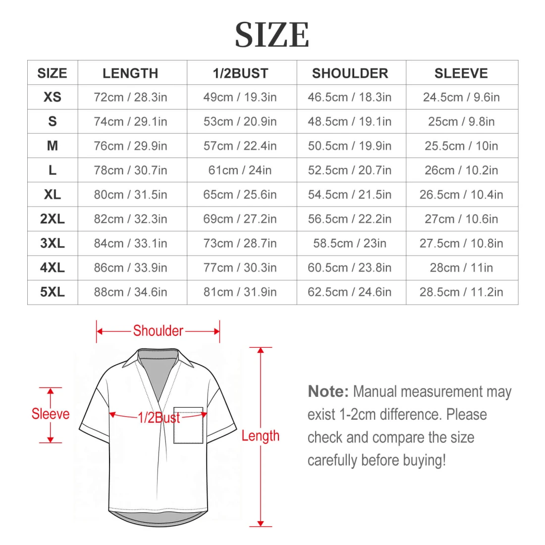 Personalized Blouse for Her: Custom V-Neck Short Sleeve Top size chart