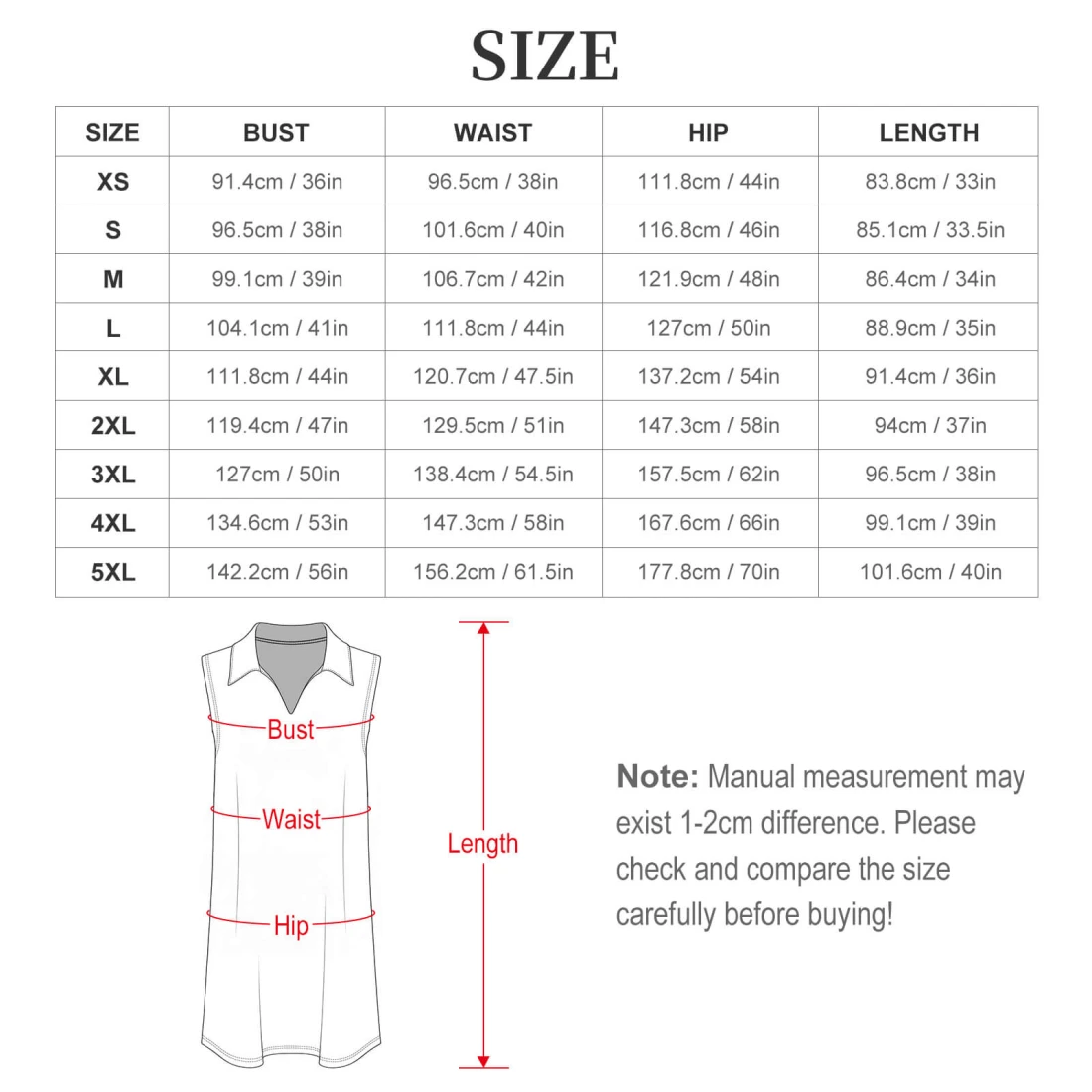 Personalized Dresses: Women's V-Neck Sleeveless Dress size chart
