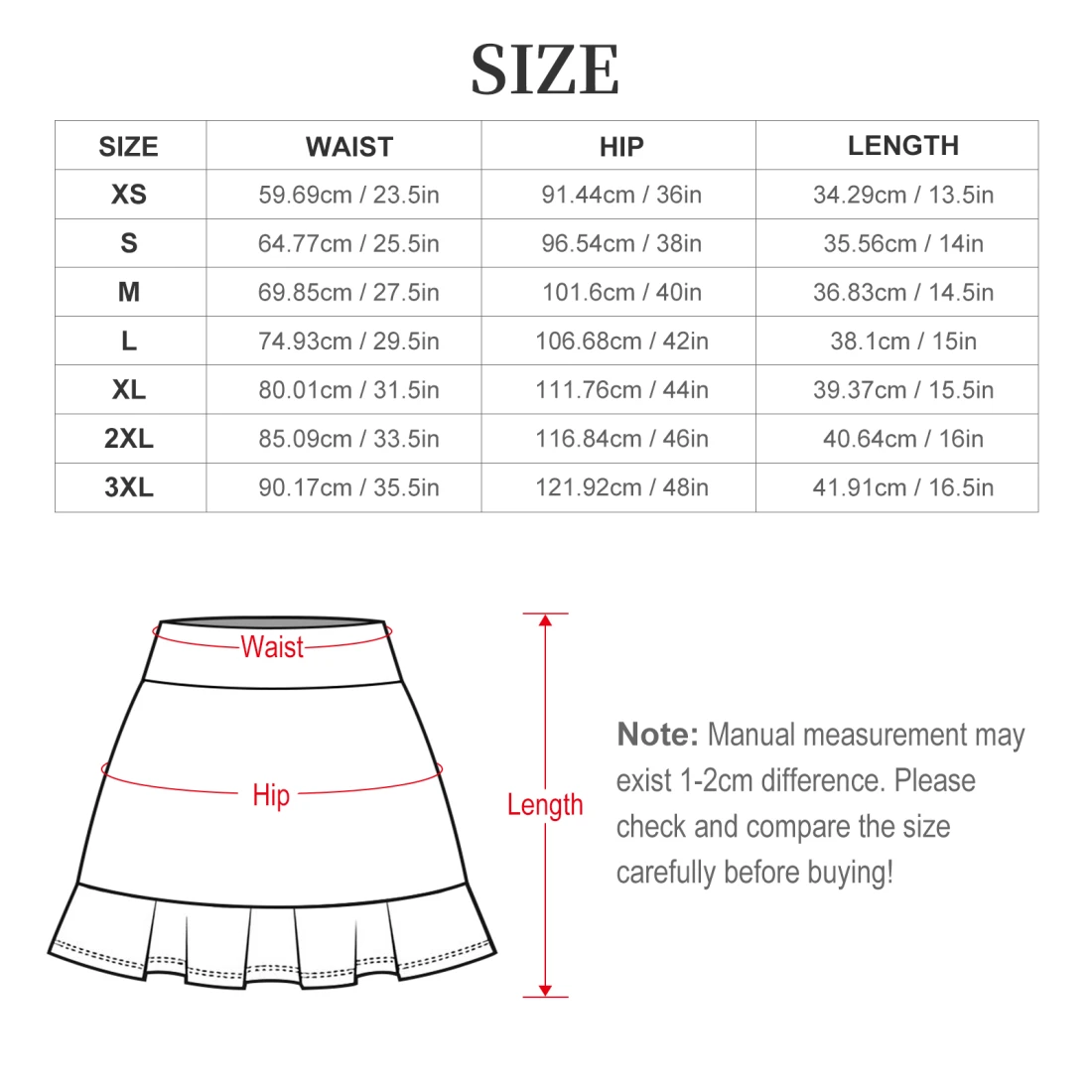 yoga skirt for women with high waist and ruffled hem size chart