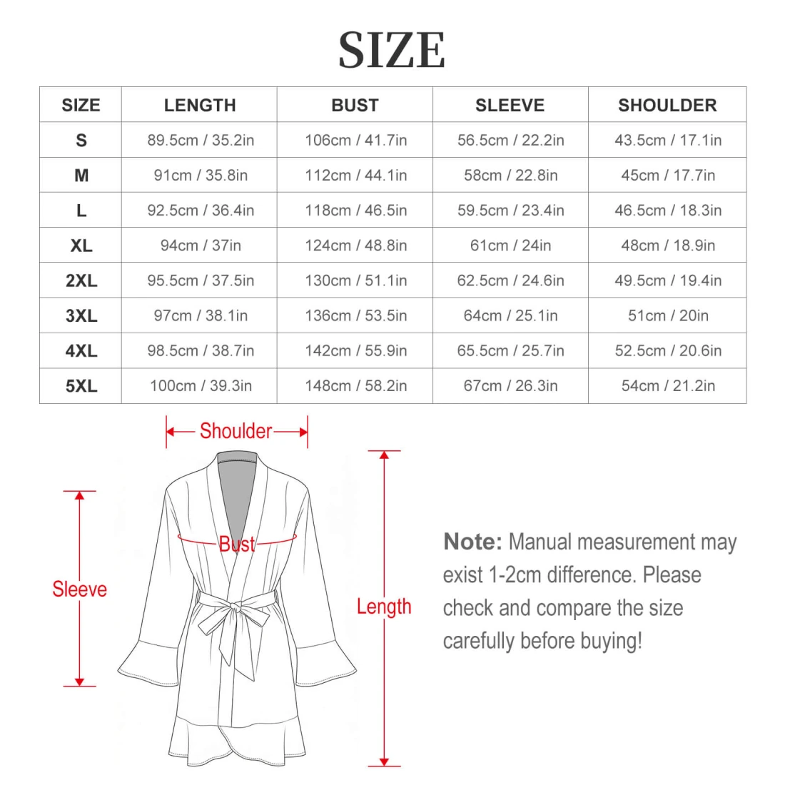 Personalized Ruffle Long Sleeve Robe for Women size chart