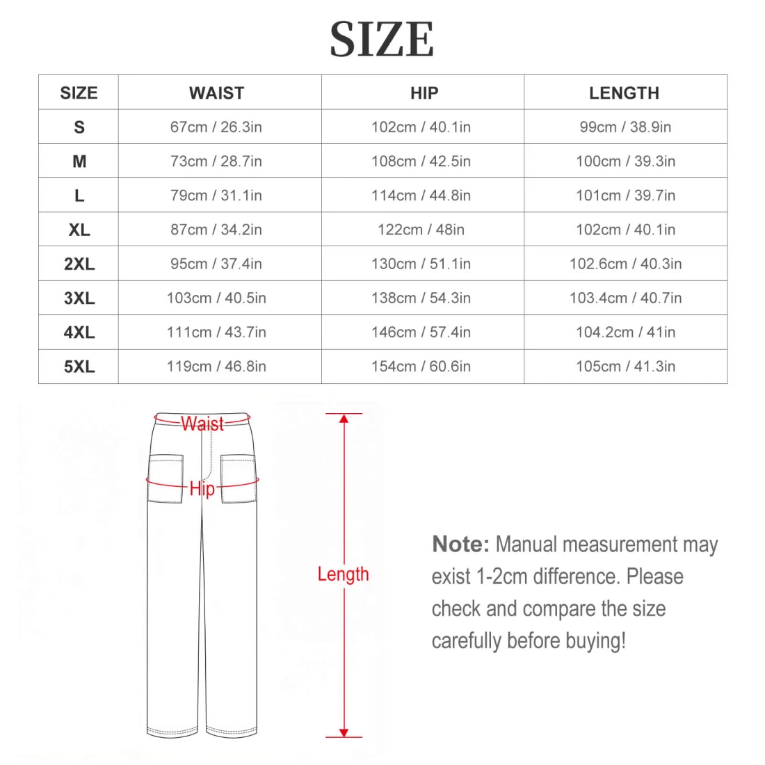 Personalized Pants for Her: Custom Wide-Leg Pants with Pockets size chart