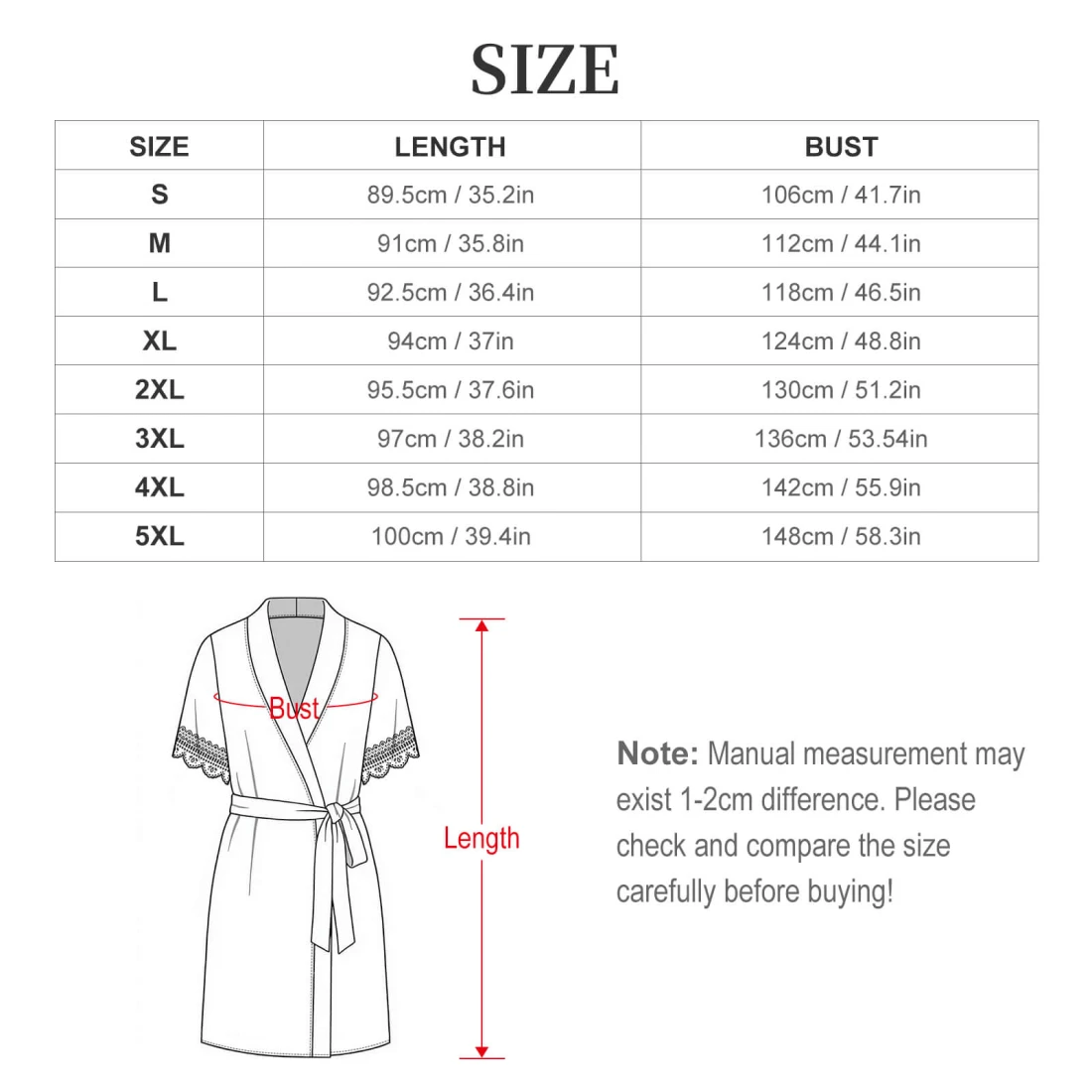 Personalized Short Sleeve Lace Robe, Custom Design Upload size chart