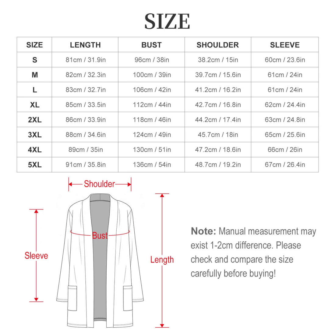 Long Sleeve Cardigan With Pockets for Women size chart