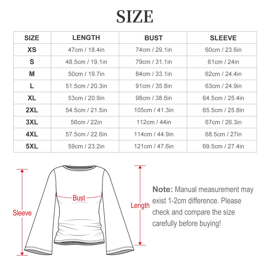 Personalized Flare Sleeve Top for Women with Custom Design size chart