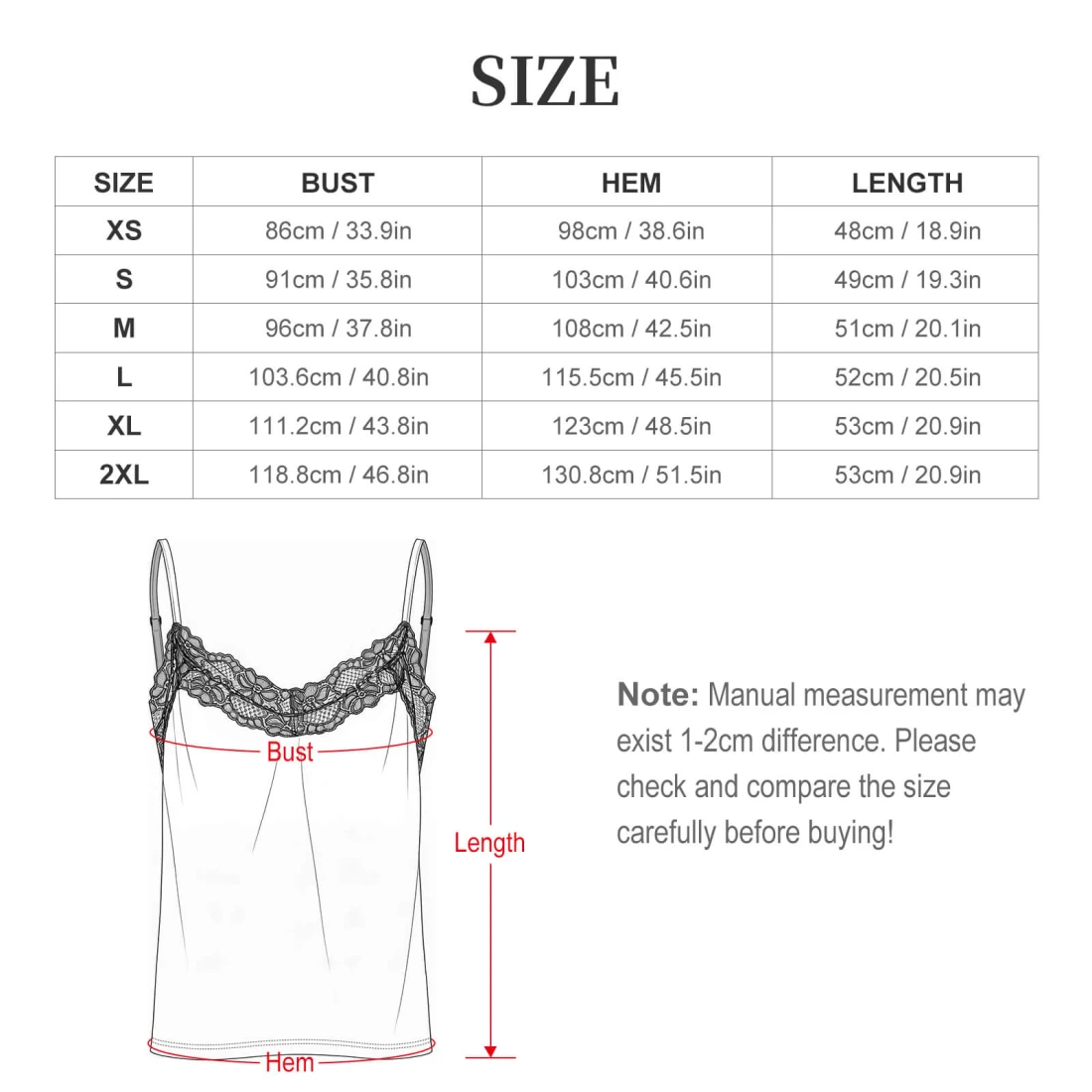 Personalized Pajama Sets for Women with Lace Accents size chart