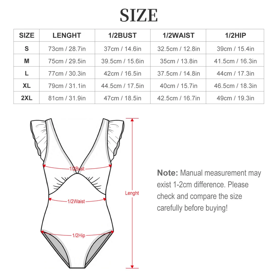 Personalized One Piece Swimsuits with Ruffled Plunge Design size chart