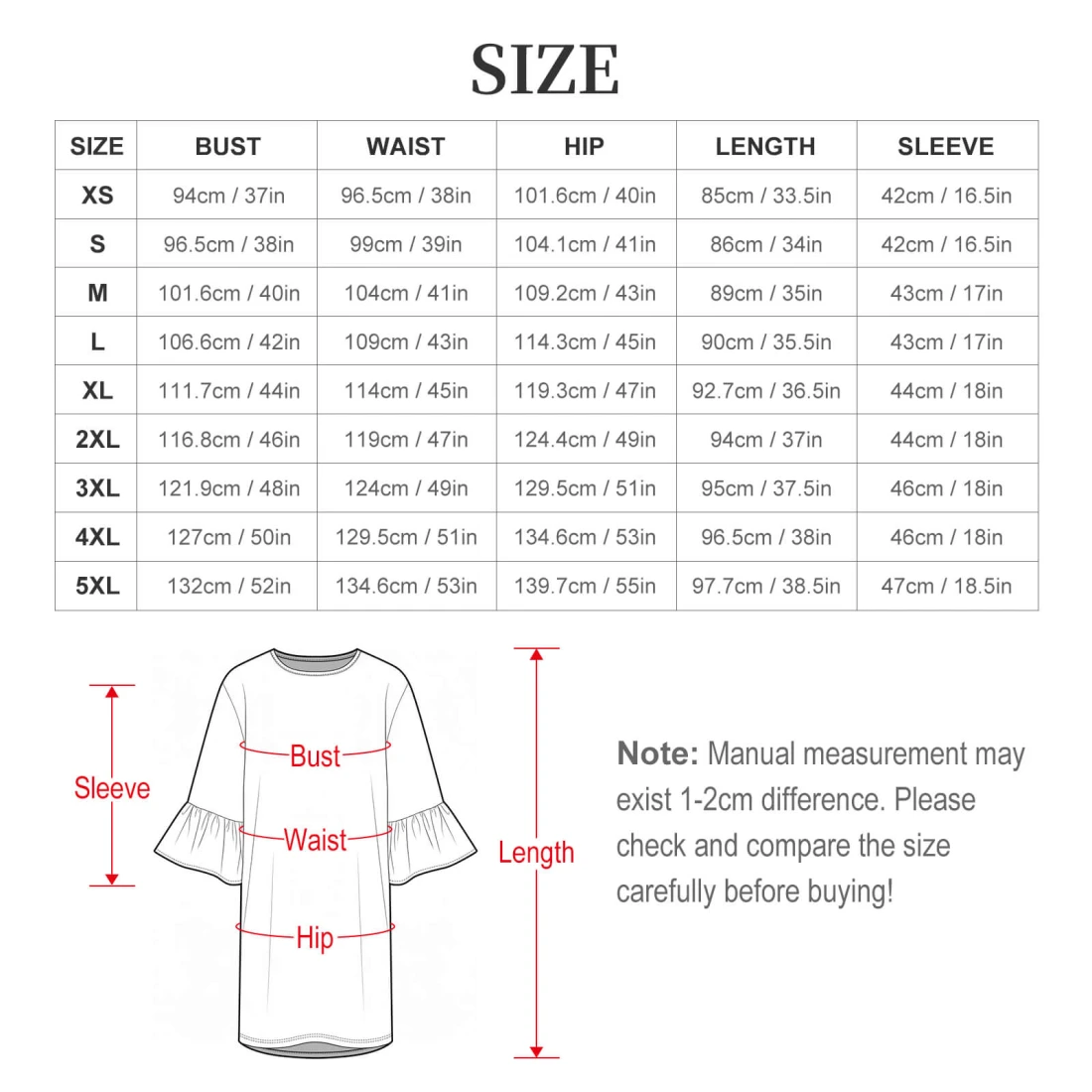 Personalized Ruffled Sleeve Dress for Women, Made to Order size chart