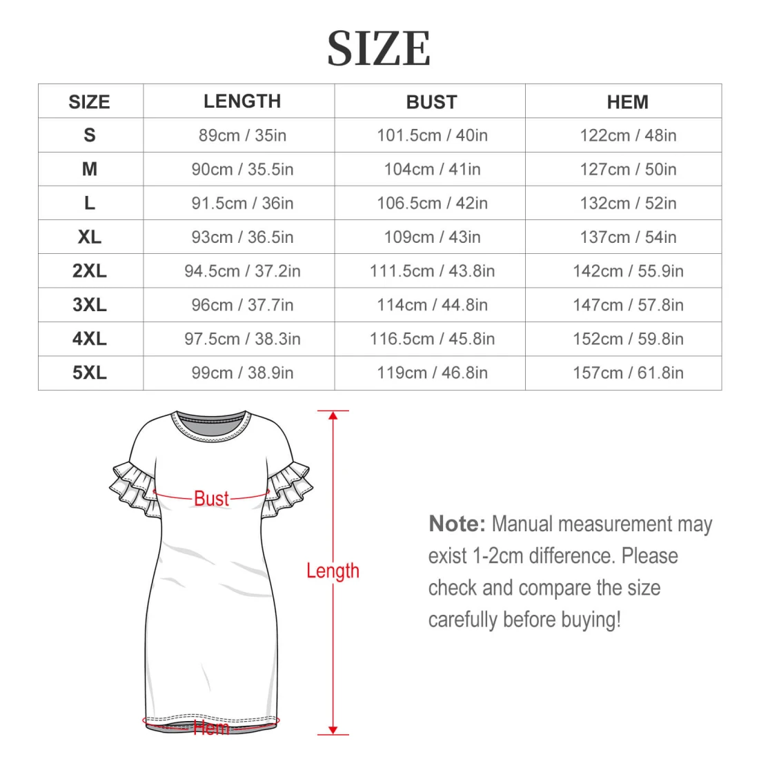 Personalized Ruffle Sleeve Dress for Women, Upload Your Design size chart