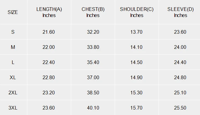 Personalized Long Sleeve Shirts for Women: Slim Fit Full-Zip size chart