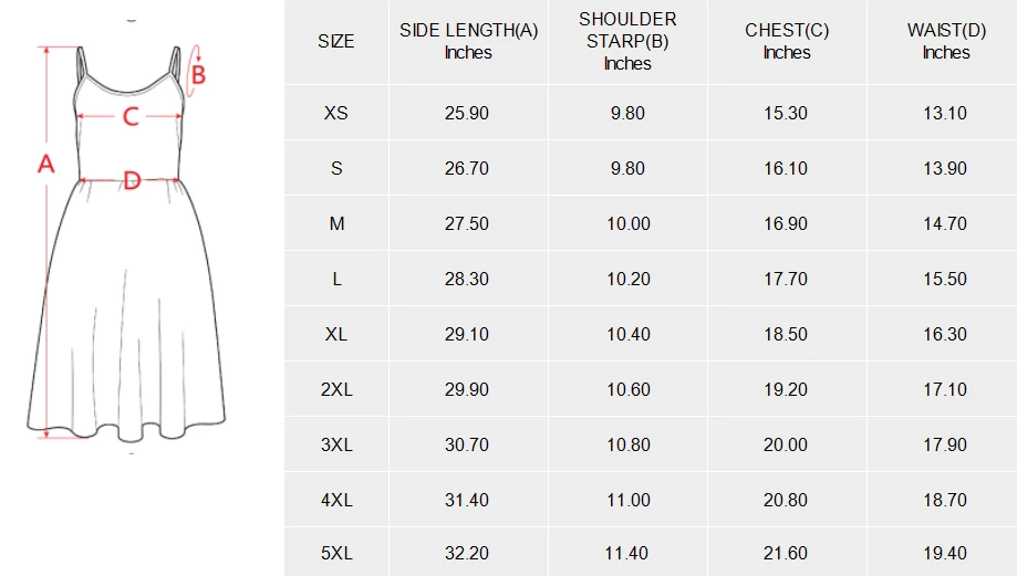 Personalized Dresses: Women's Cami Dress with Double Side Pockets size chart