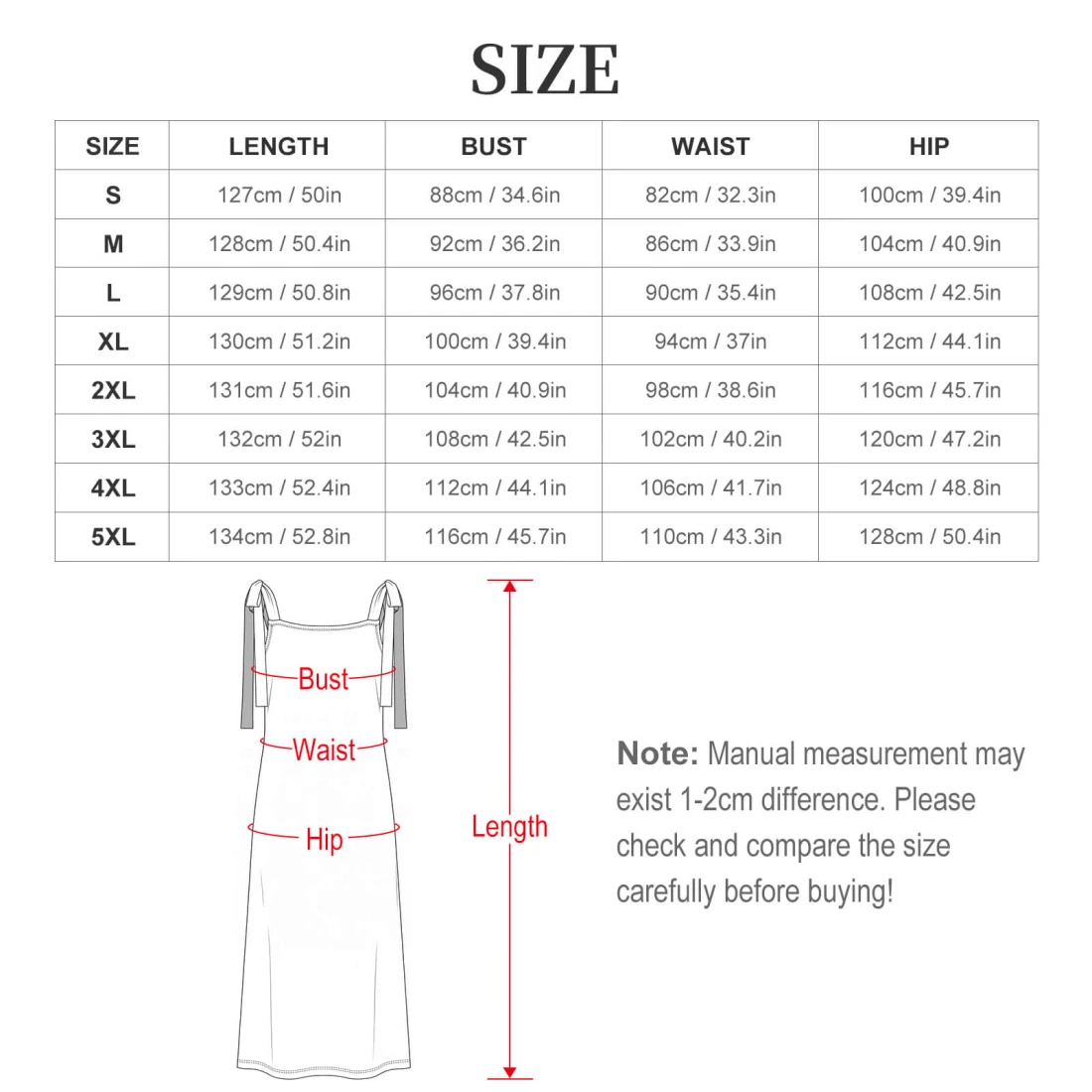 Personalized Dresses for Her: Women's Tie Strap Ankle Maxi Dress size chart