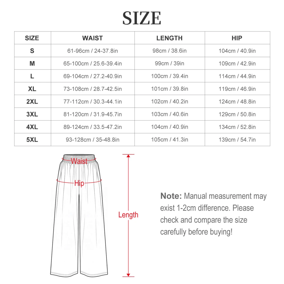 High Waisted Wide Leg Pants for Women with Custom Print size chart