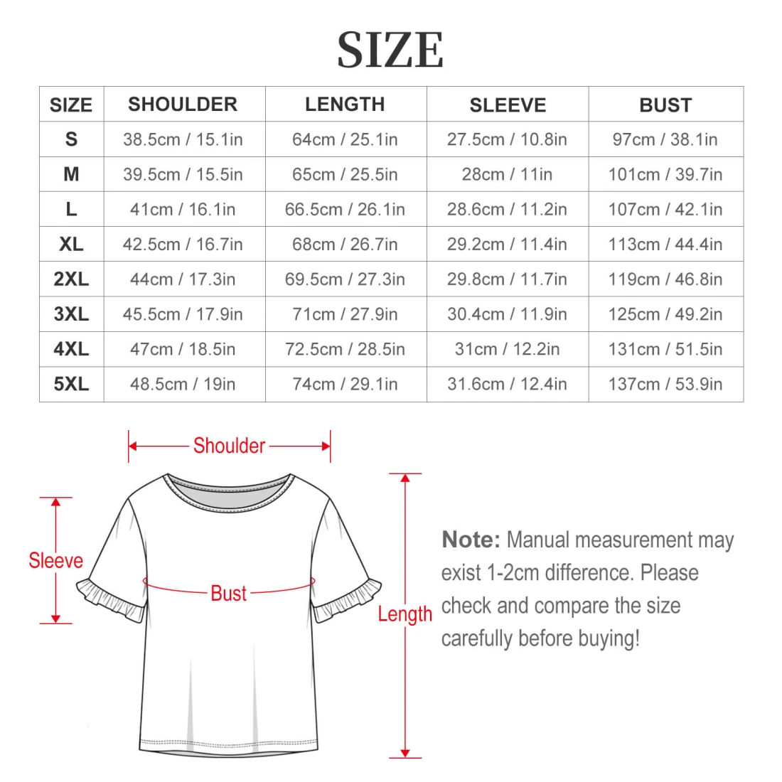 Ruffle Bell Sleeve Top, Custom All-Over Print for Women size chart