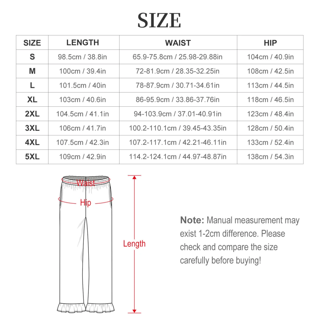 Ruffle Pajama Pants for Women, Personalized With Your Own Design size chart
