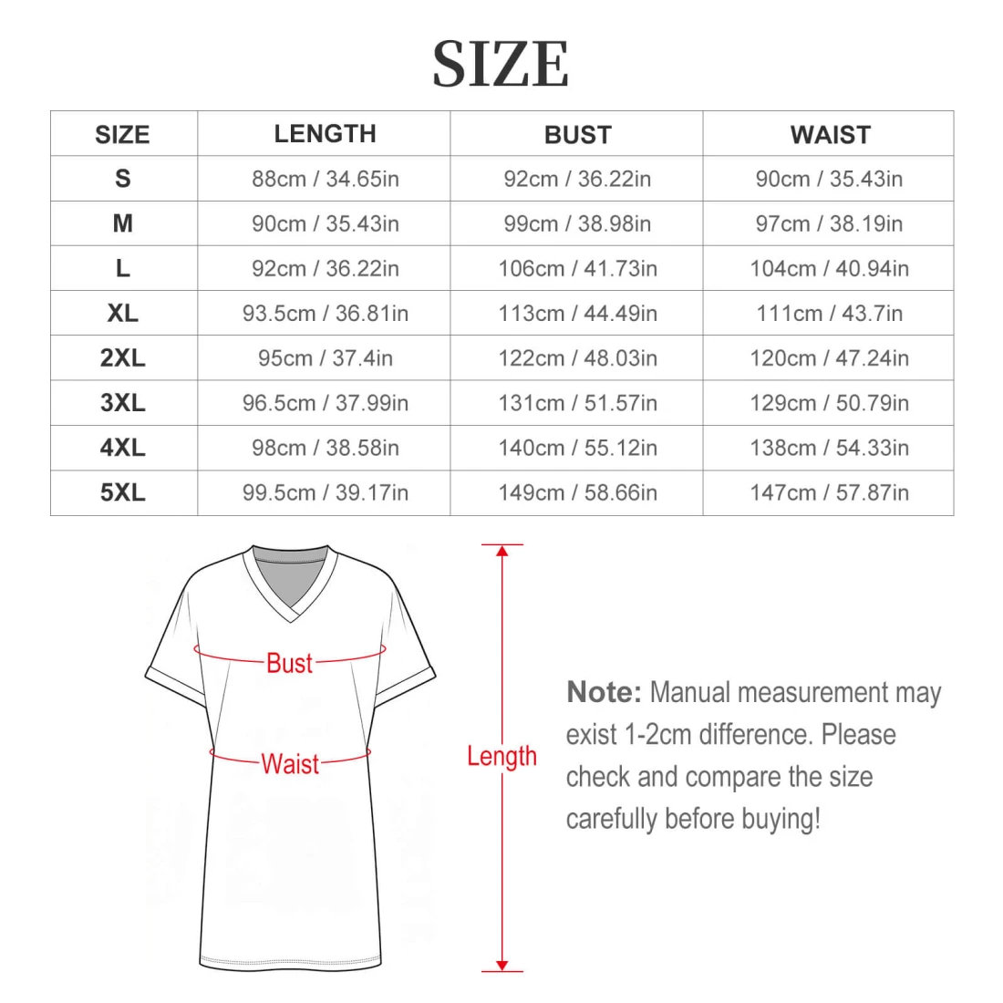 Personalized Dresses: Women's Casual V-Neck Dress size chart