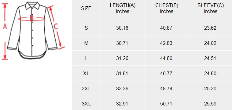 Personalized Long Sleeve Shirts for Women With Curved Hem size chart