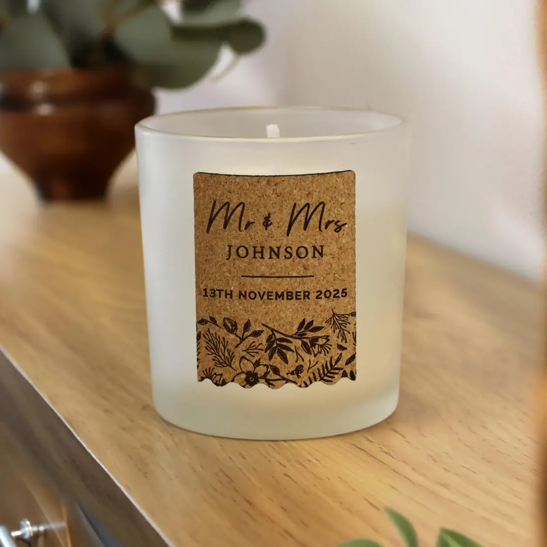 Personalised Wedding Cork Label Candle Jar, Custom Mr and Mrs Scented Candle Gift