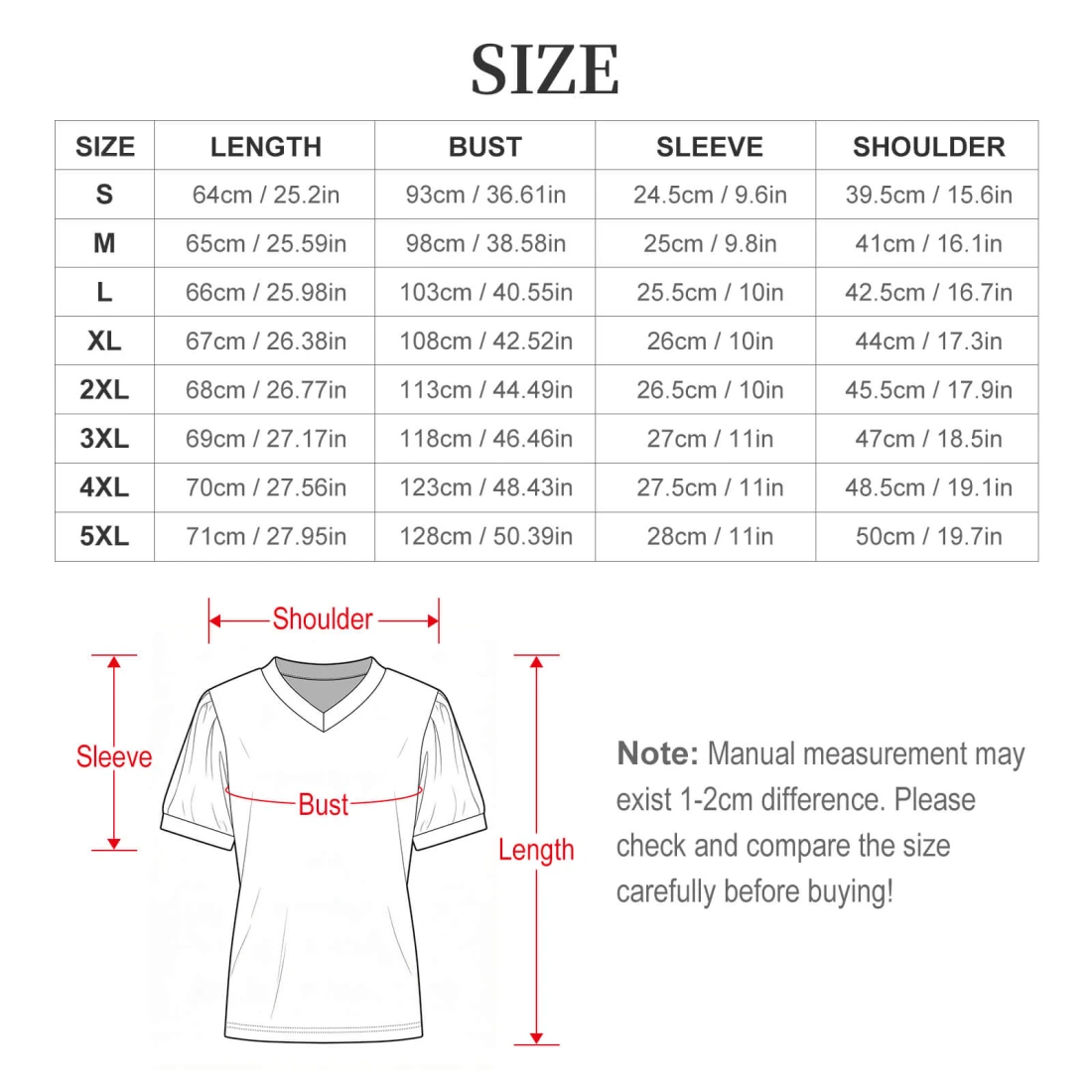 Personalized Womens V Neck Shirt with Puff Sleeves size chart