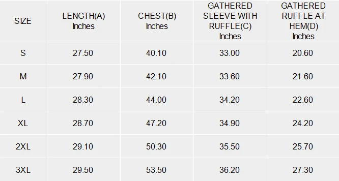 Personalized Blouse for Women with Ruffle Hem and Sleeves size chart