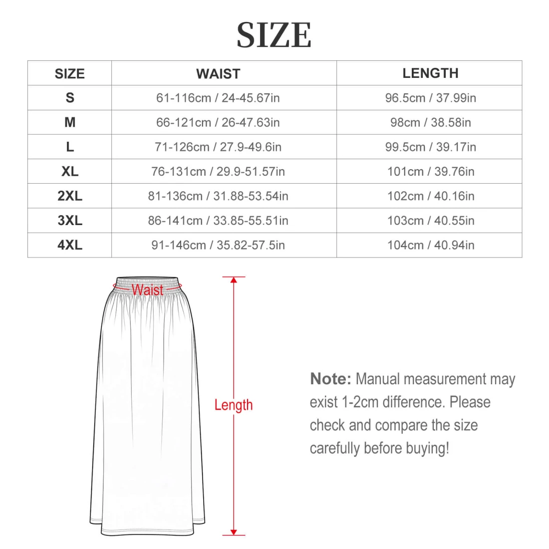 High Waist Maxi Skirt with Your Custom Design for Her size chart