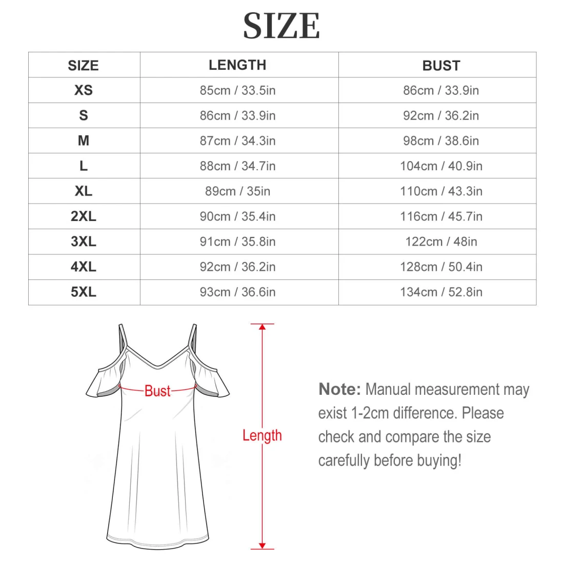 Personalized Cold Shoulder Dress with Spaghetti Straps size chart
