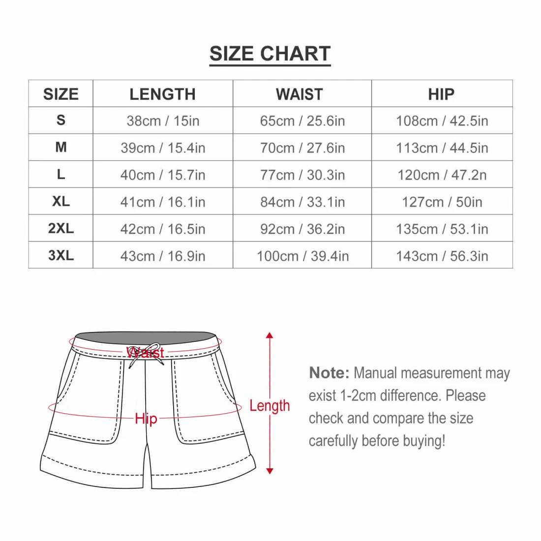 Personalized Sport Shorts for Women, High-Waisted Loose Fit size chart