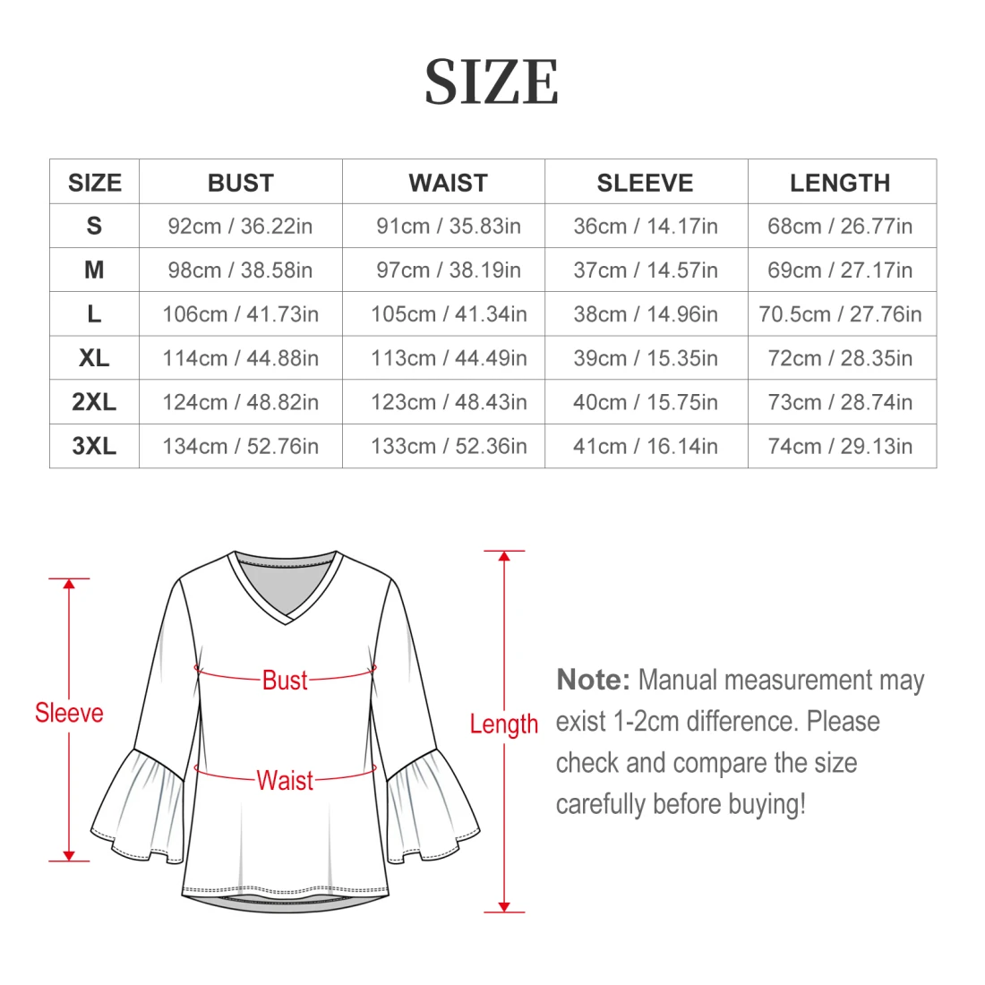 ruffle sleeve blouse, custom all-over print for her size chart