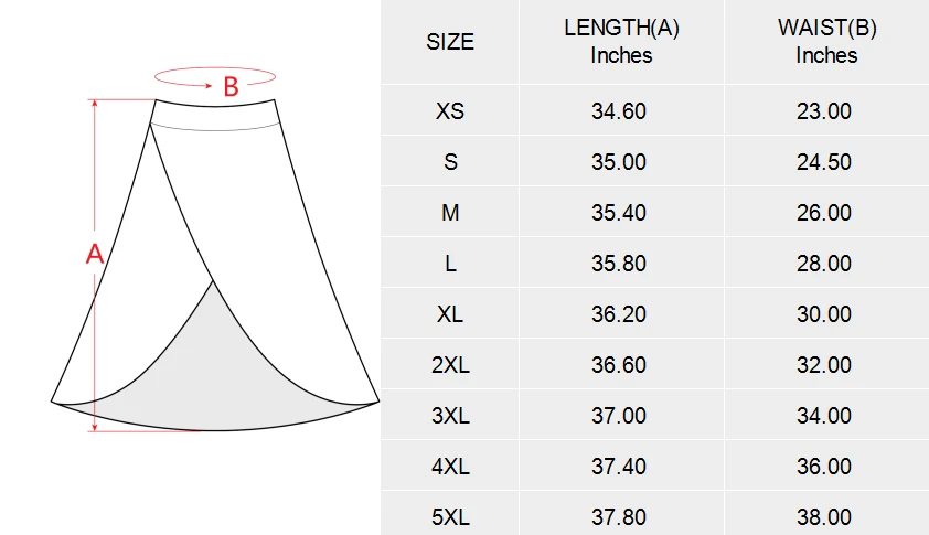 High Waist Split Skort for Women With Custom Design size chart