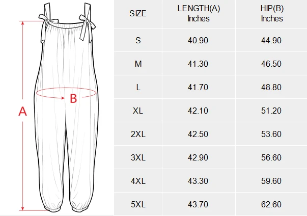 Personalized Baggy Jumpsuit for Women with Custom Design size chart