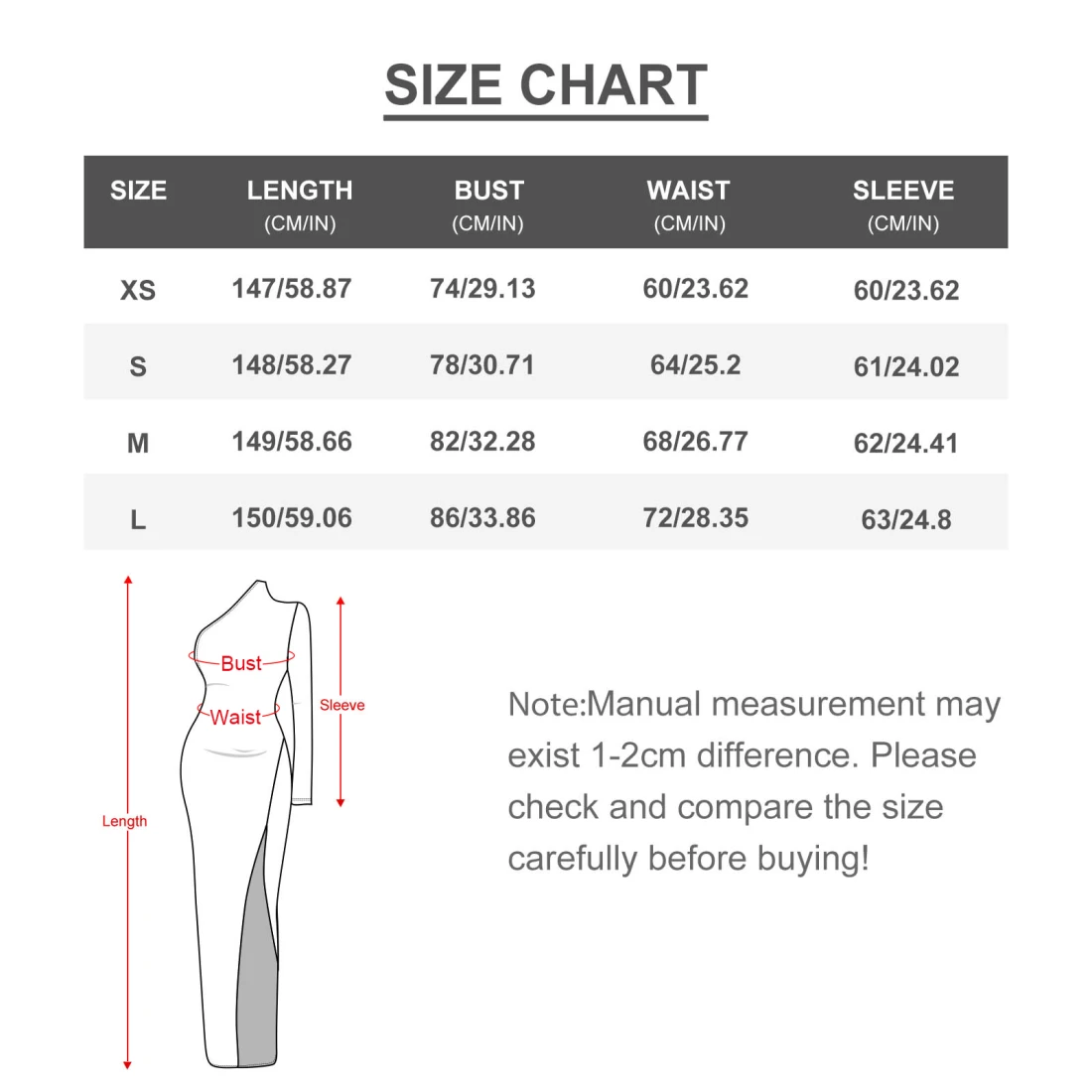 Personalized Dresses: One-Shoulder Slit Maxi Dress size chart