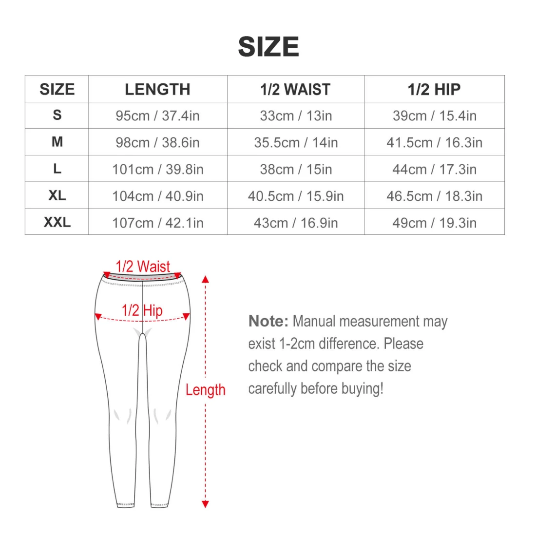 Personalized Leggings for Her: Custom Women's High-Waist Style size chart