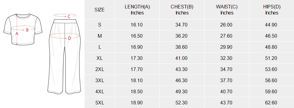 personalized two piece sets with your own design size chart