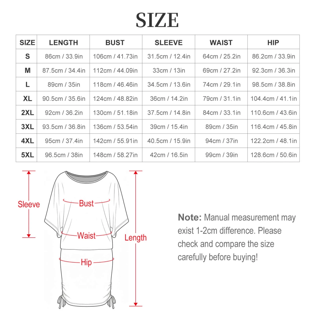 Batwing Sleeve Ruched Dress for Her, Custom Print size chart