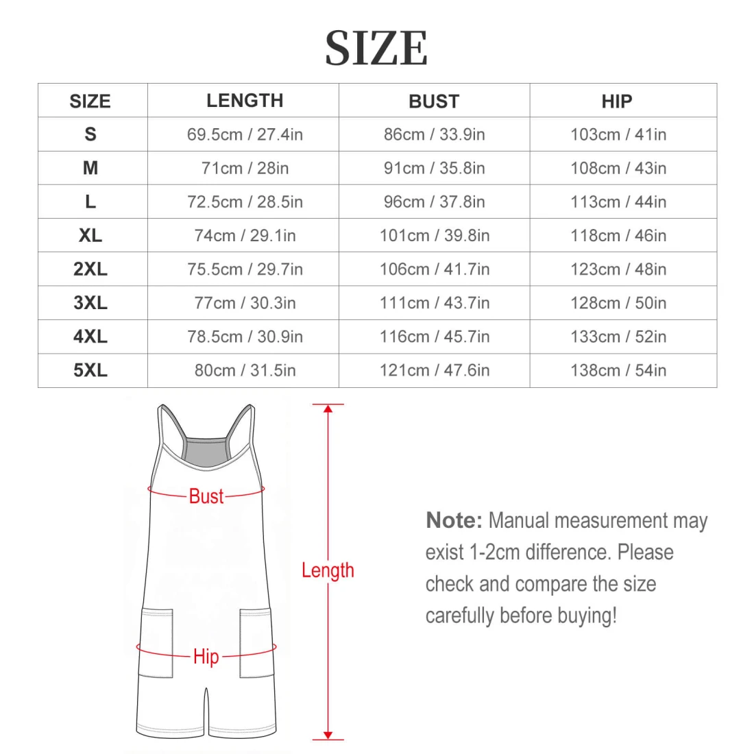 Cami Romper with Pockets, Personalized All Over Print for Her size chart