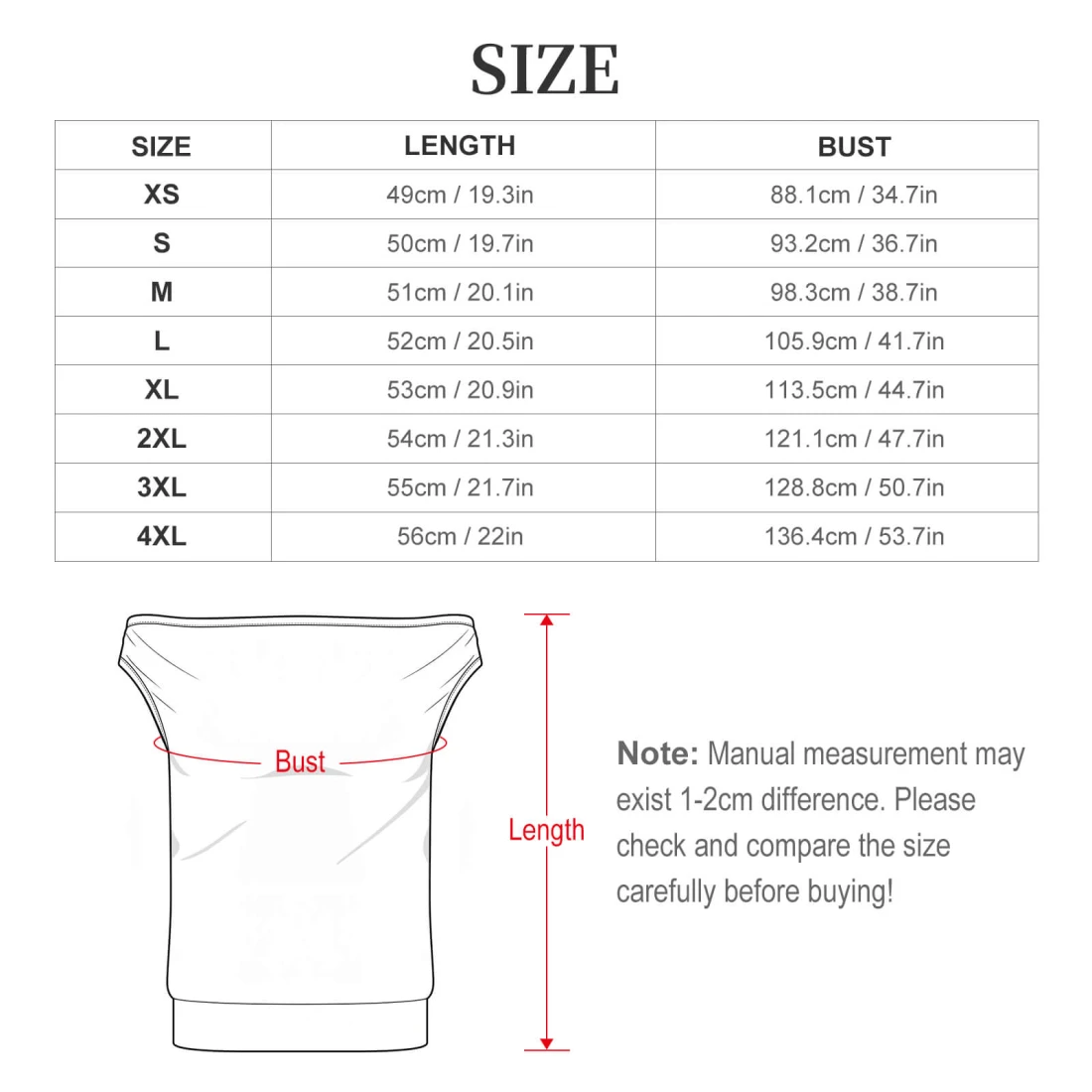 Personalized Off Shoulder Shirt for Women with Your Design size chart