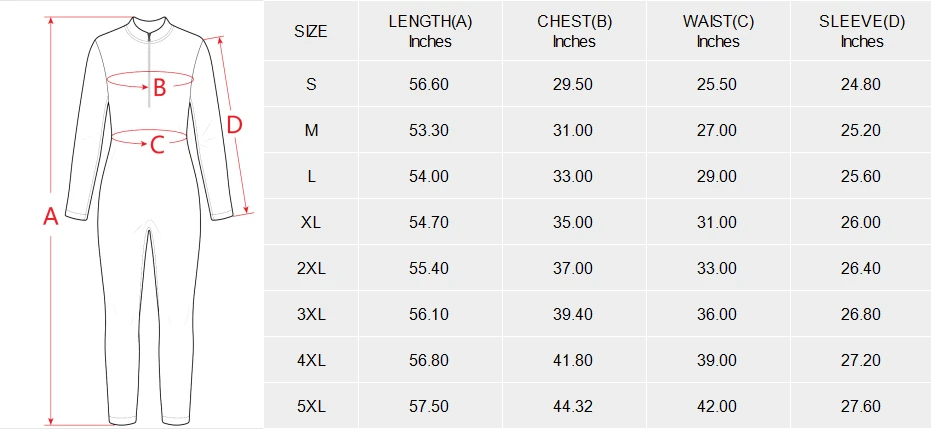 Personalized jumpsuit for her: long sleeve zip front size chart