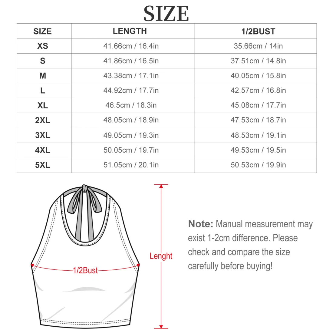 Halter Neck Crop Tank Top with Your Custom Design size chart