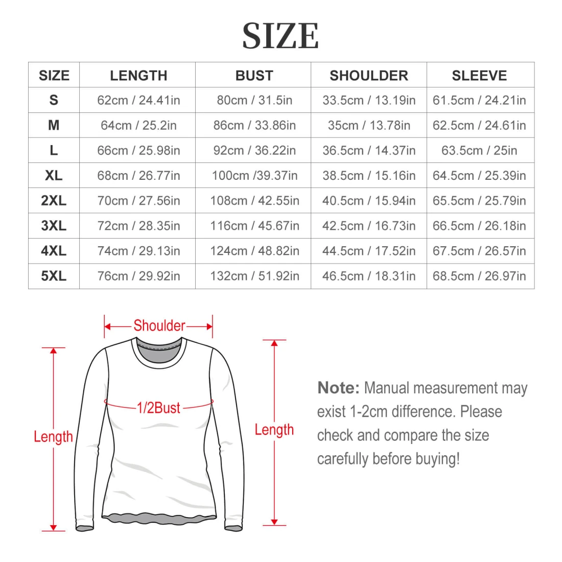 Personalized Long Sleeve Mesh Top with Your Custom Design size chart
