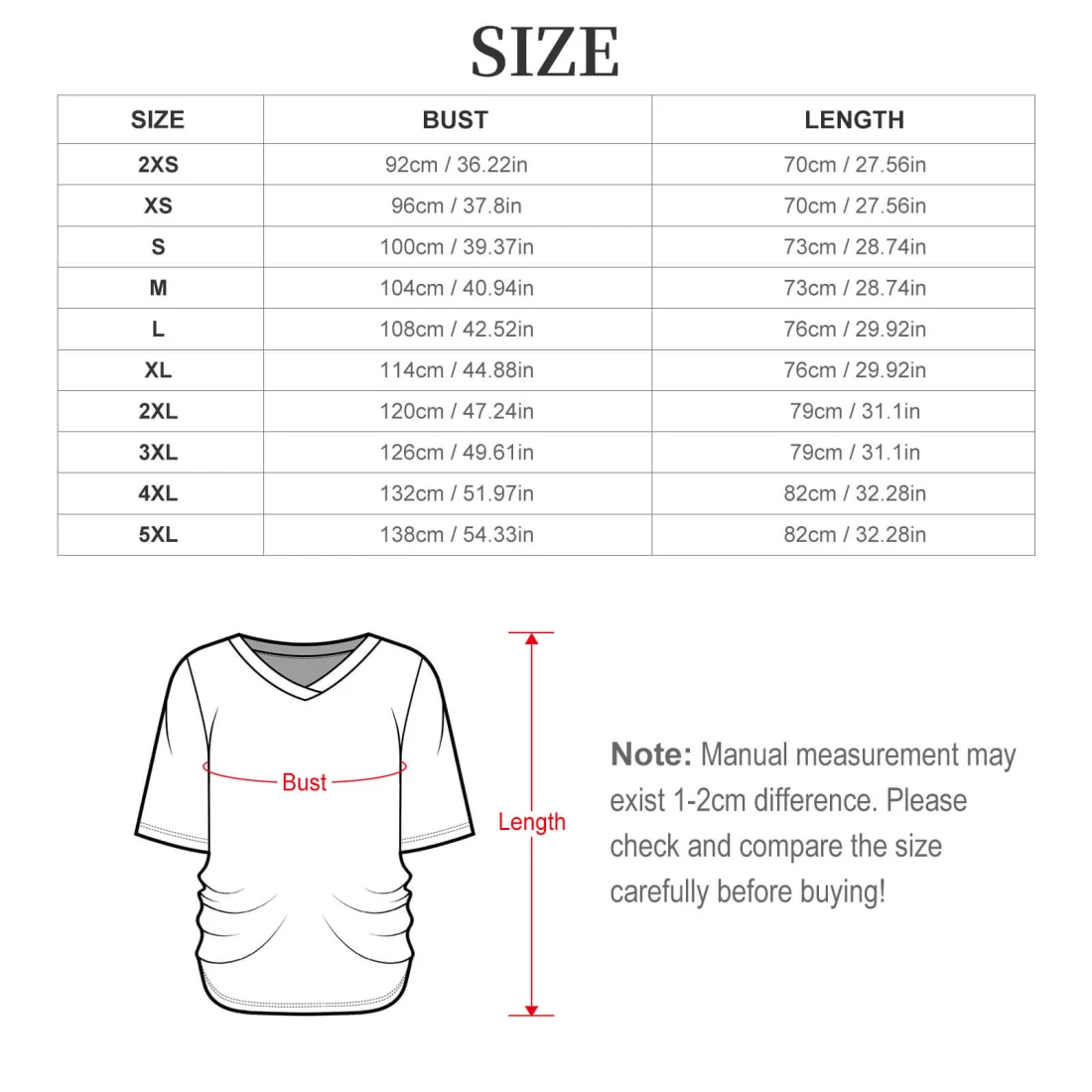 Personalized Womens V Neck Shirt With Batwing Sleeves size chart