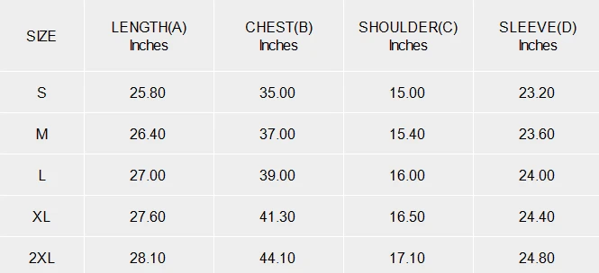 Personalized Long Sleeve Shirts for Women with Square Neck size chart